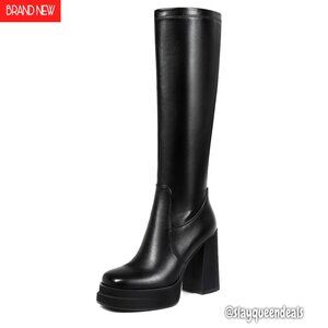 Platform Knee High Boots Chunky Heel Square Toe Stretchy Tall Women's Shoes